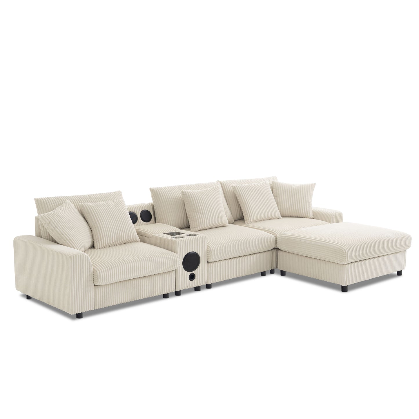 Sectional With Bluetooth Speakers L Shaped Couch With Console USB Charger, Cup Holders Storage Ottoman Deep And Wide Seat Cloud Sofa - Cream