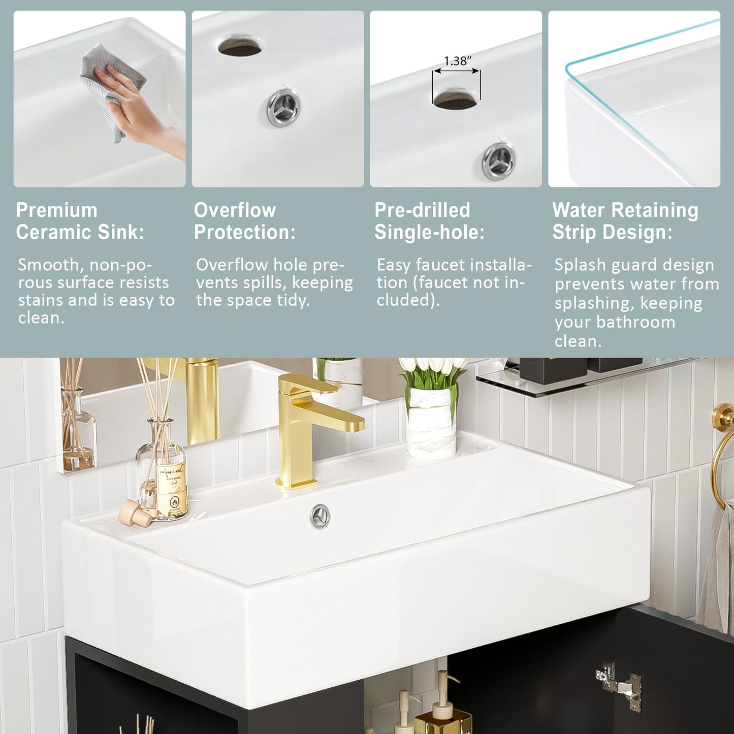 Bathroom Vanity, Combo Cabinet, Bathroom Storage Cabinet, Single Ceramic Sink, Left Side Storage - Black