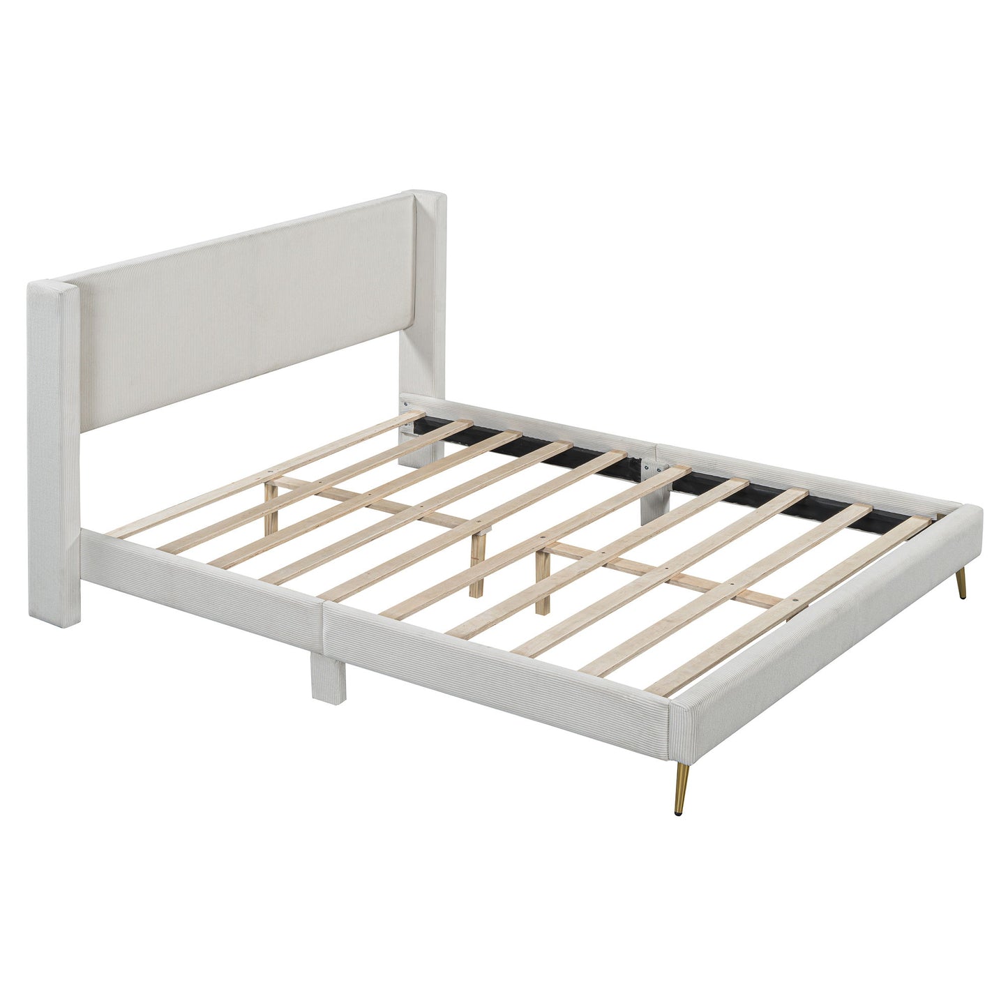 Queen Size Platform Bed With Legs, Frame And Tufted Headboard - Beige