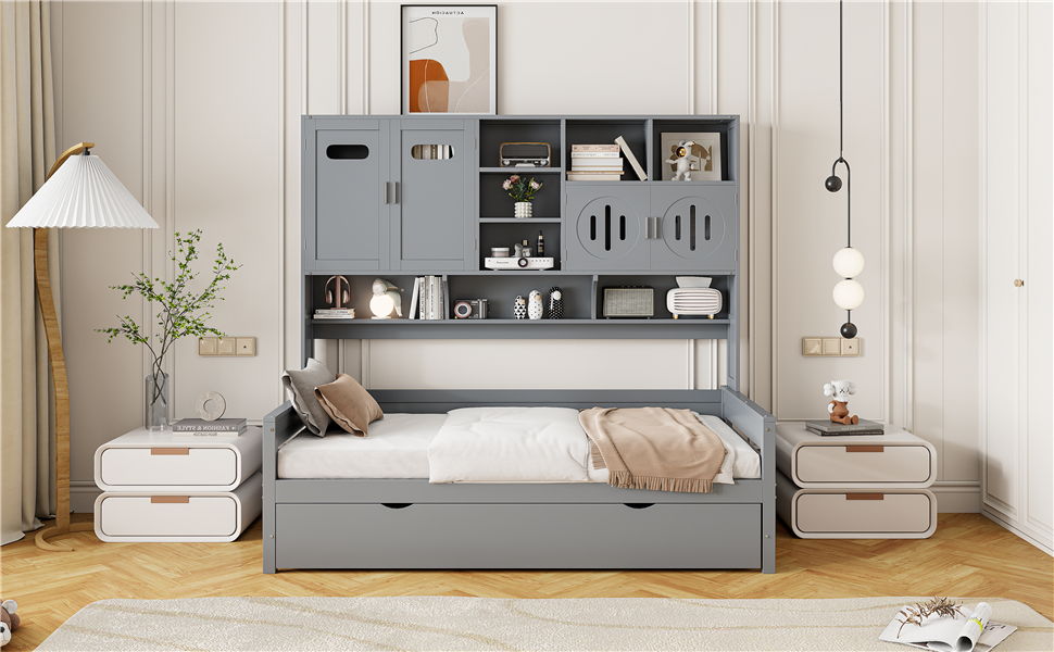 Twin Size Daybed With Twin Size Trundle, And All In One Cabinet And Shelf - Gray