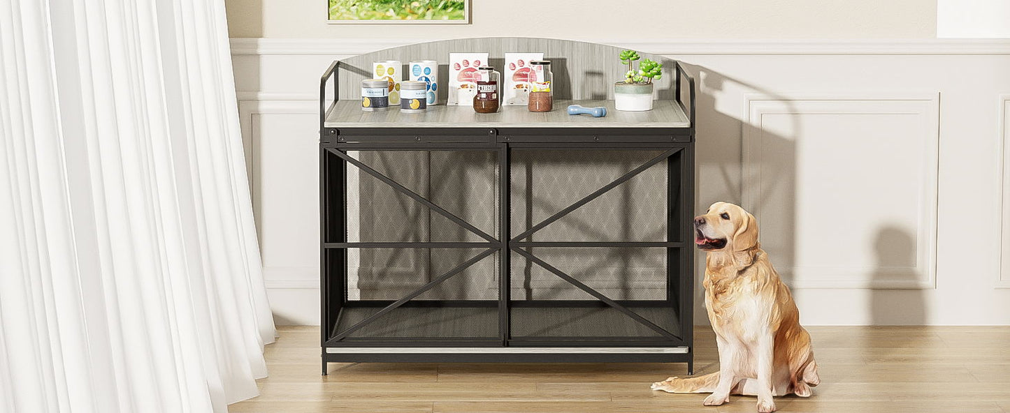 Heavy Duty Large Dog Crate Furniture For Large Medium Dog, Farmhouse Wooden Dog Kennel Indoor End Table, Decorative Pet House For Large Dogs - Gray