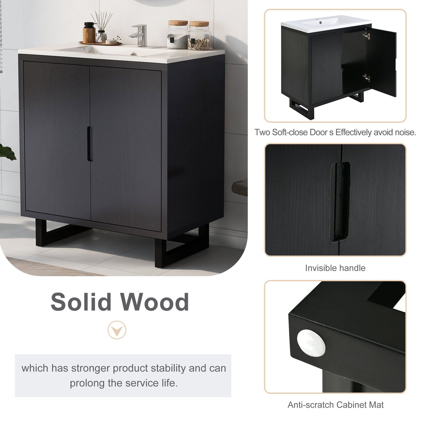 Bathroom Vanity Set With Sink, Combo Cabinet, Bathroom Storage Cabinet, Solid Wood Frame - Black