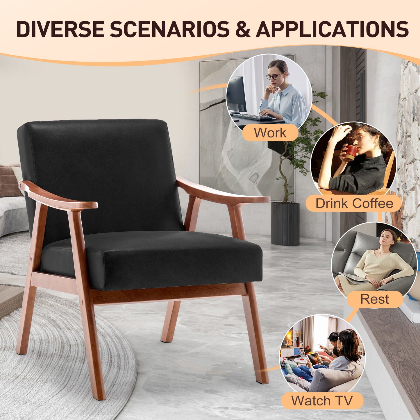 Mid Century Modern Wingback Accent Chair With Solid Wood Frame And Extra Thick Backrest - Lounge Chair For Living Room, Bedroom, Or Reading Room - Black