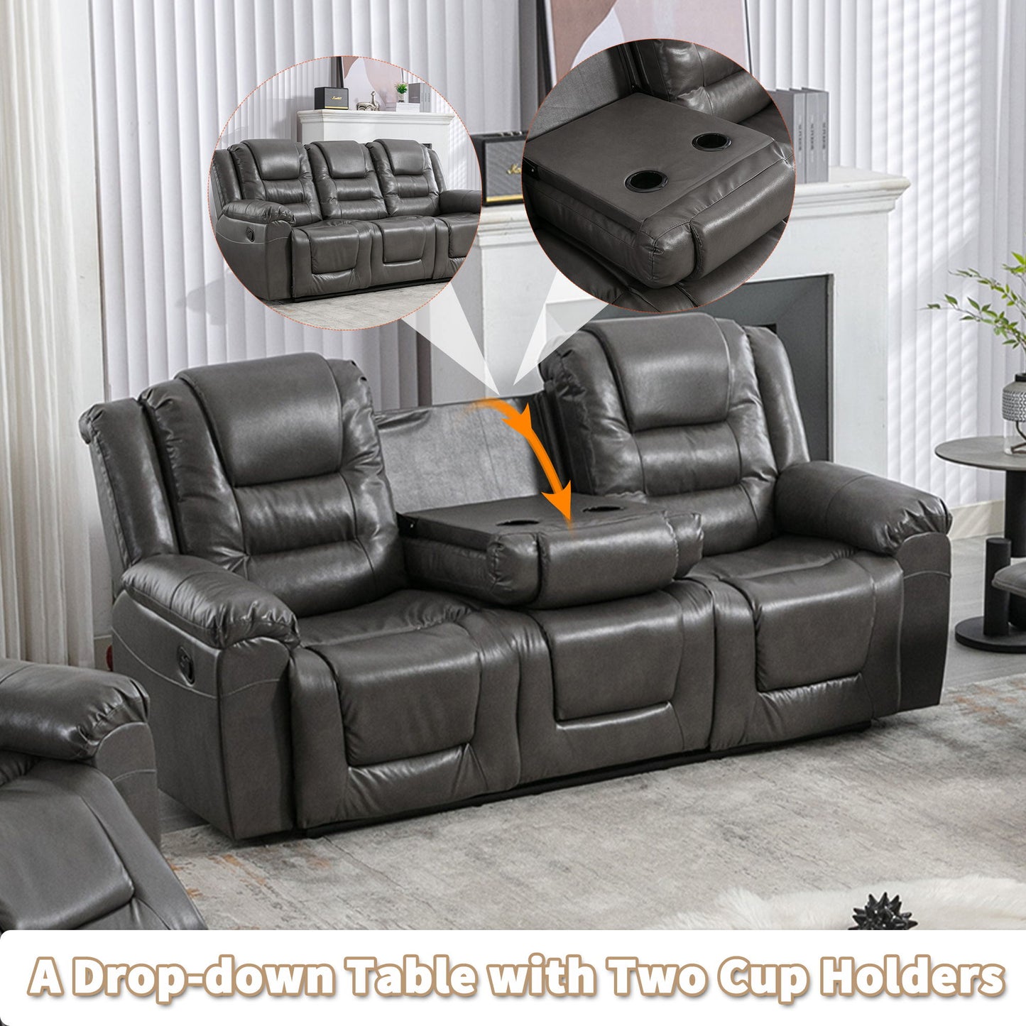 3 Seater Home Theater Recliner Manual Recliner Chair With Two Built-In Cup Holders For Living Room - Gray