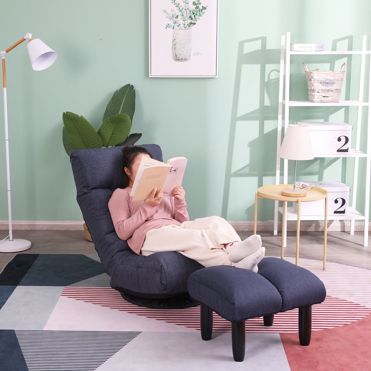 Adjustable Japanese Reclining Floor Chair Sofa With Metal Frame For Living Room & Balcony - Navy