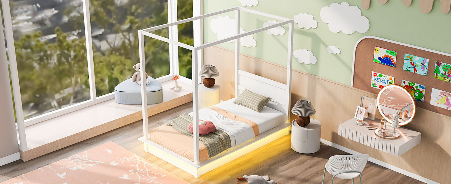 Twin Size LED Canopy Bed, Canopy Platform Bed With Support Slats, No Box Spring Needed - White