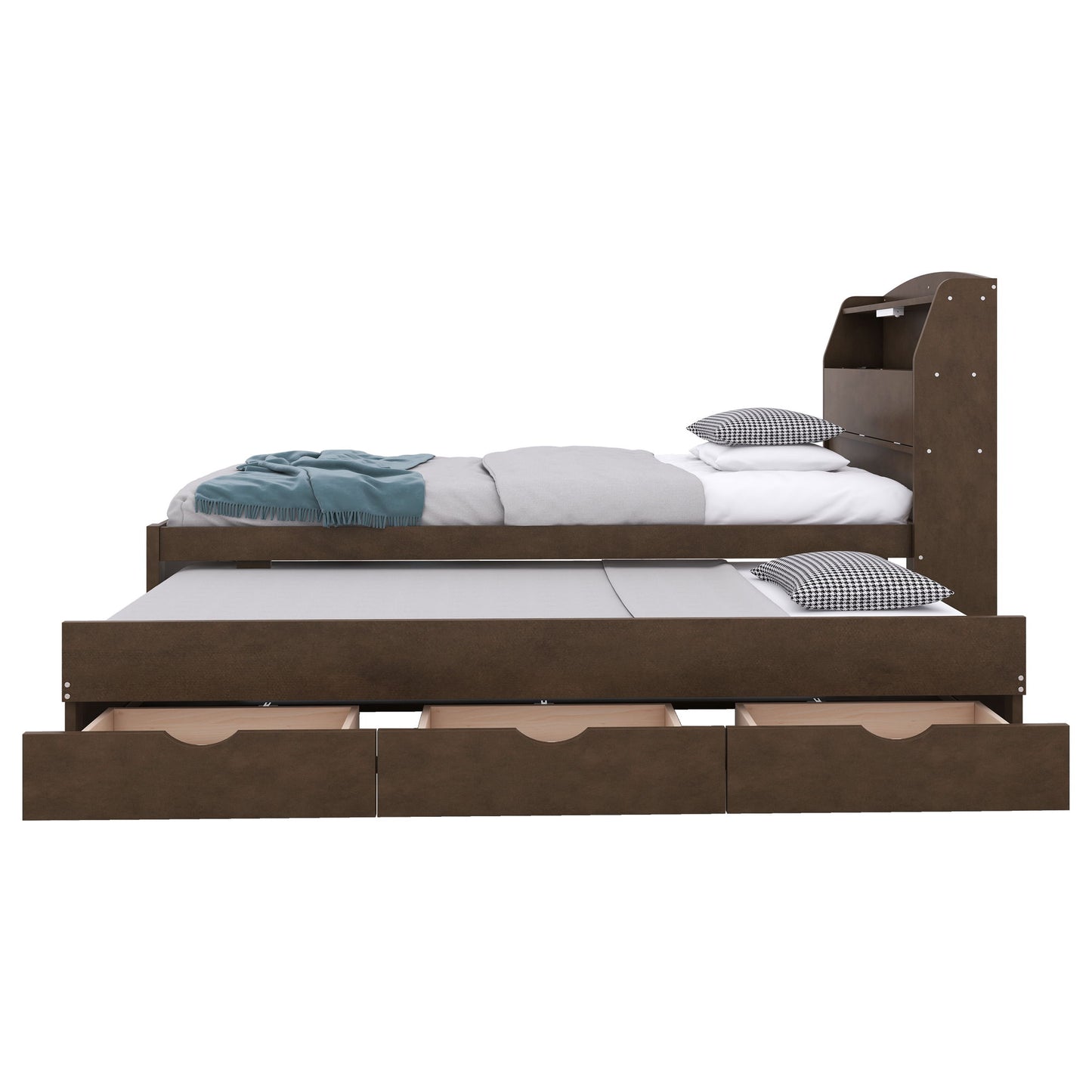 Twin Size LED Platform Bed With Trundle With Storage Headboard With Drawers - Brown