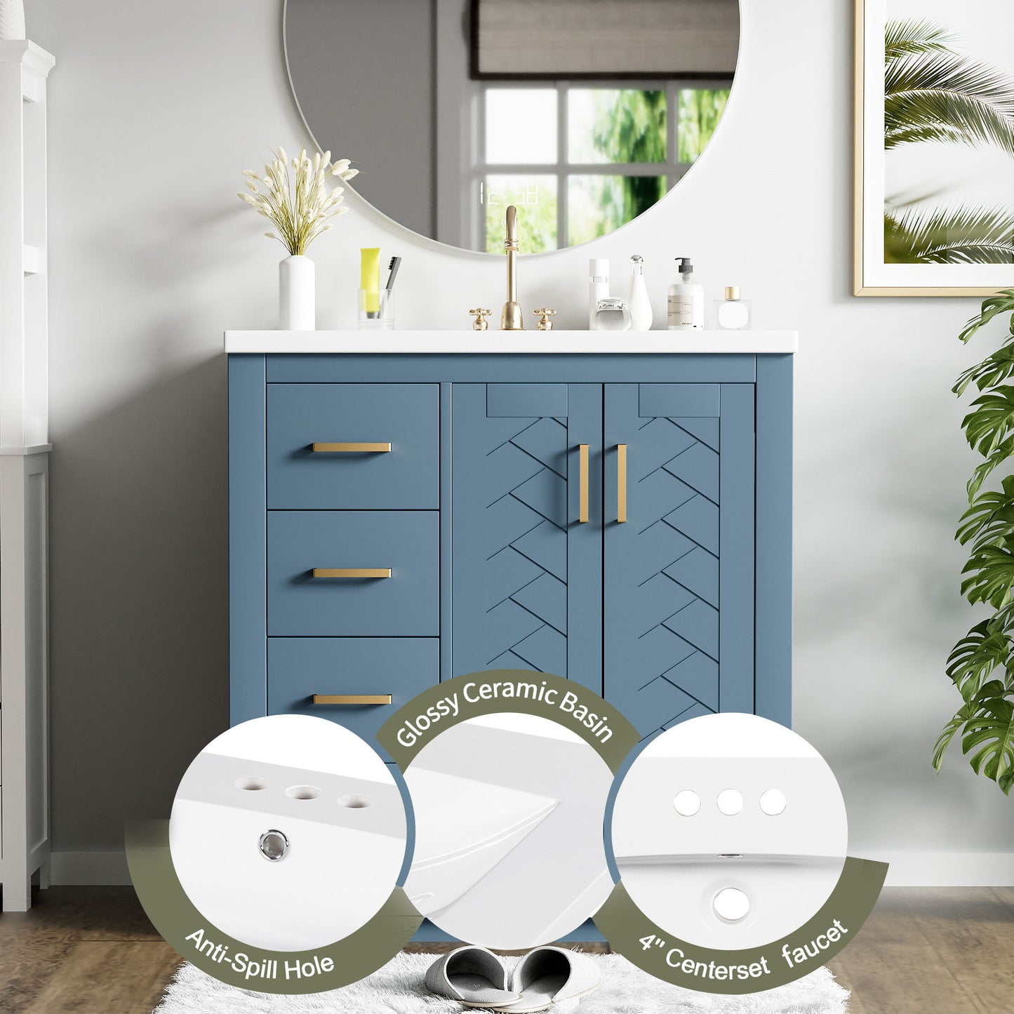 Bathroom Vanity With Ceramic Sink Combo, Frame Bathroom Storage Cabinet, Freestanding Vanity Set With 3 Drawers & Soft Closing Doors - Indigo