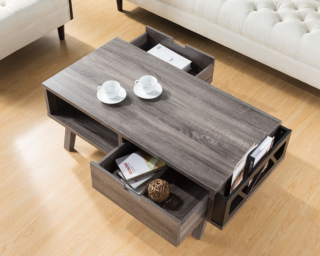 Antique Wooden Livingroom Coffee Table With Two Storage Drawers - Distressed Gray / Black