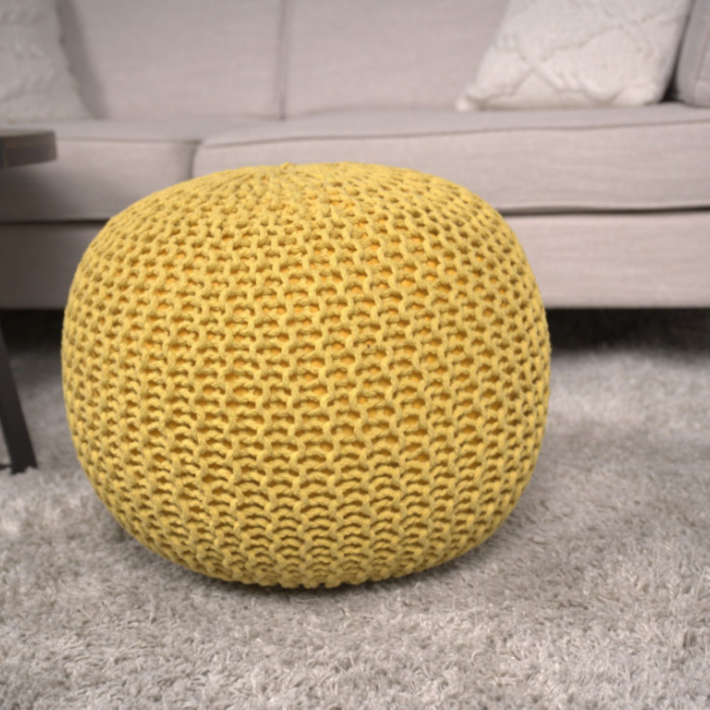 Bordeaux - Knitted Cotton Round Pouf, Versatile Ottoman And Floor Cushion - Yellow