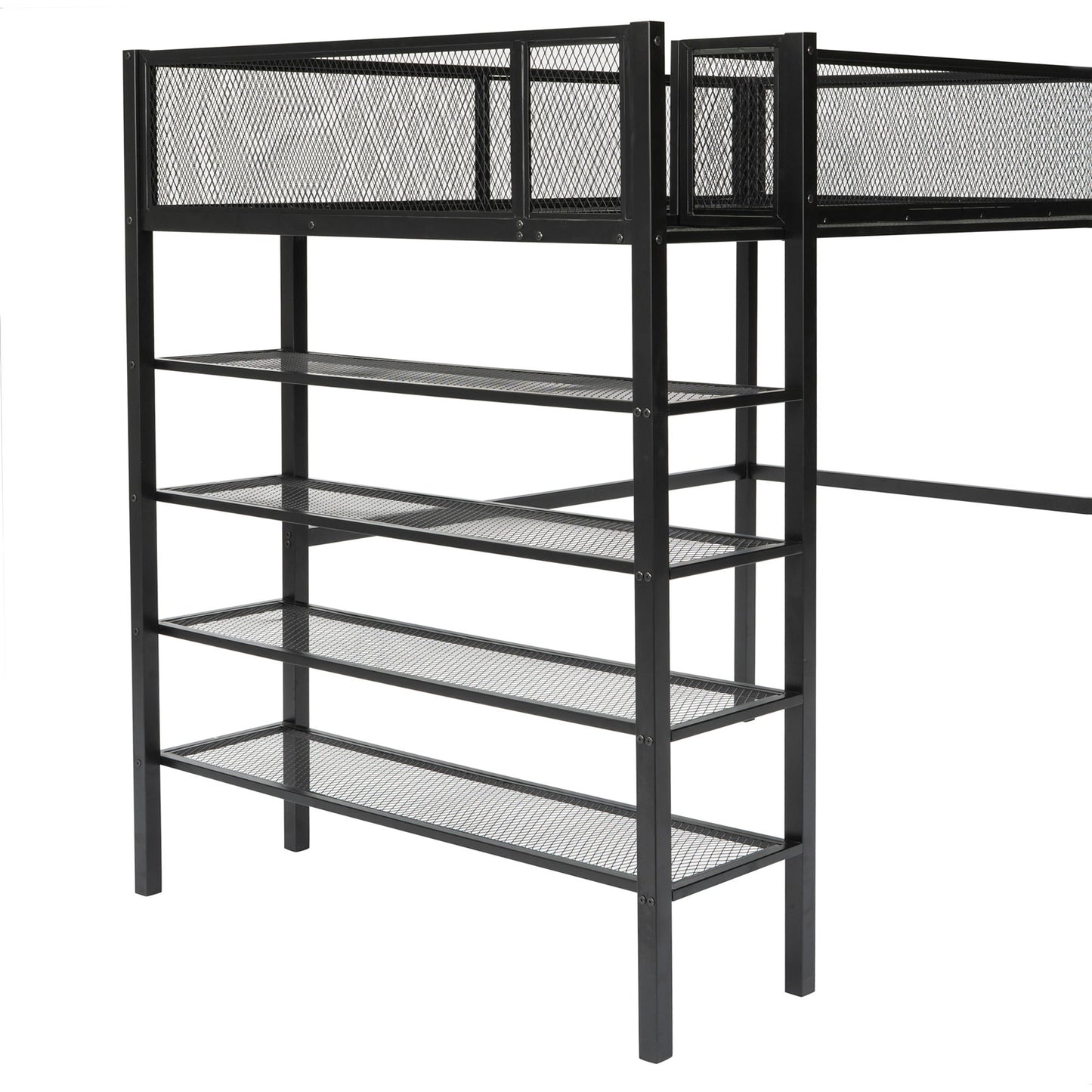 Twin Size Loft Bed With 4 Tier Shelves And Storage - Black