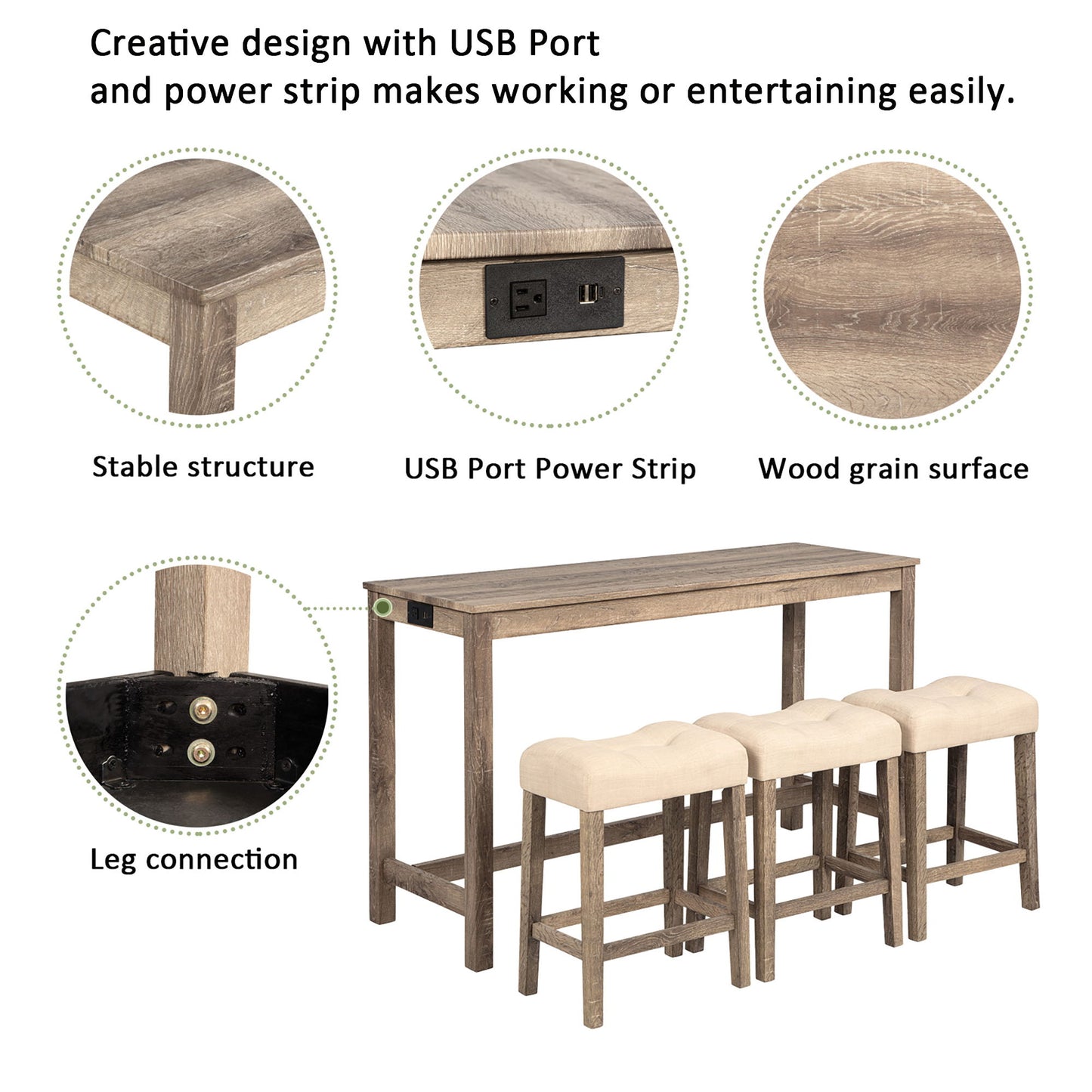4 Piece Bar Table Set With Power Outlet, Dining Bar Table And Chairs Set, Bar Table Set With 3 Padded Stools For Living Room, Dining Room - Brown