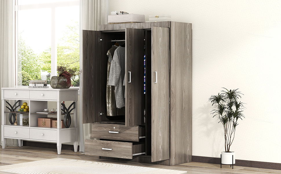 3 Door Wardrobe With 2 Drawers, Grain Effect - Gray