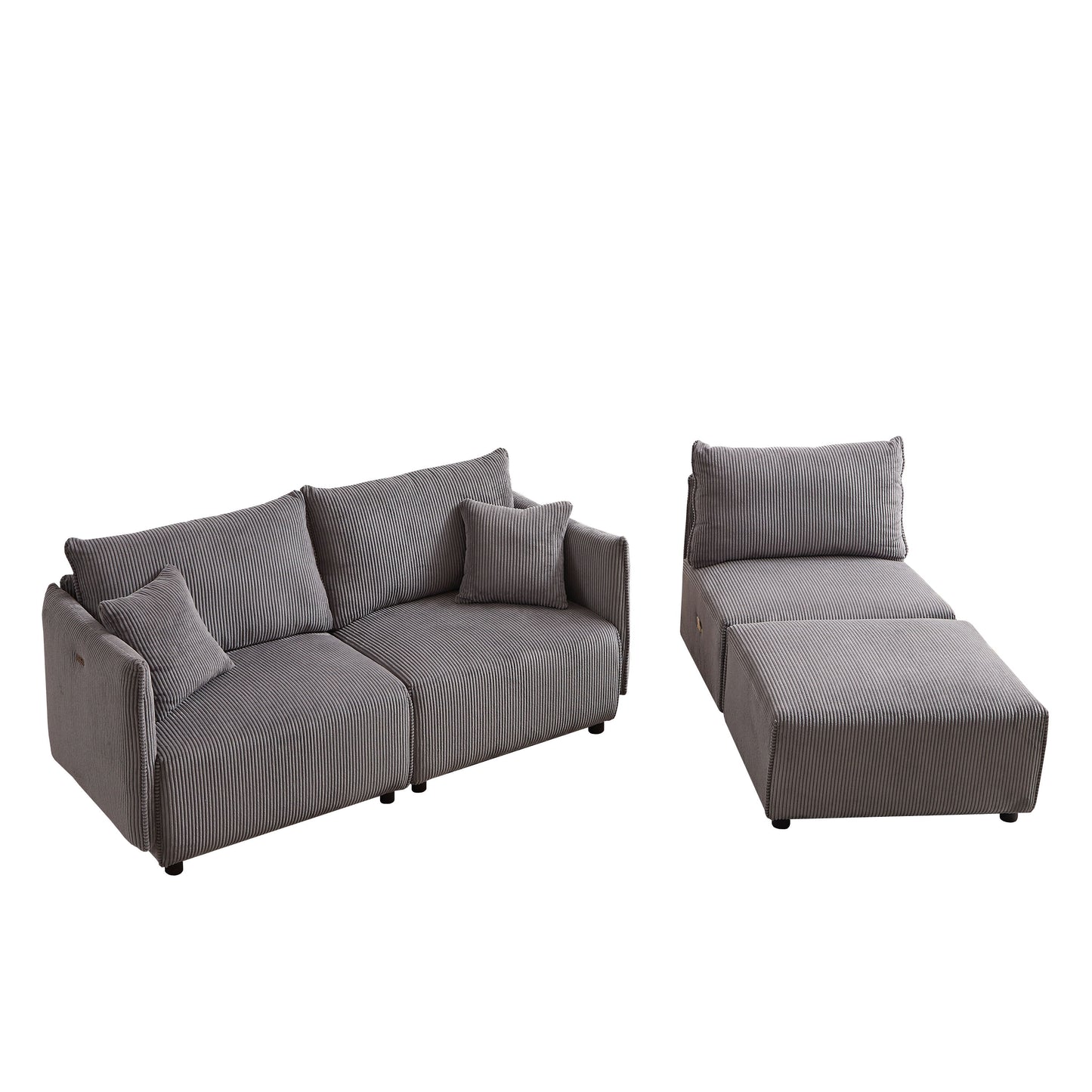 Multi Module Combination Style Sofa For Living Room And Other Lounge Spaces, Modern Minimalist Corduroy Combination Sofa With 2 Comfort Cushions With USB & C Charging Ports - Gray