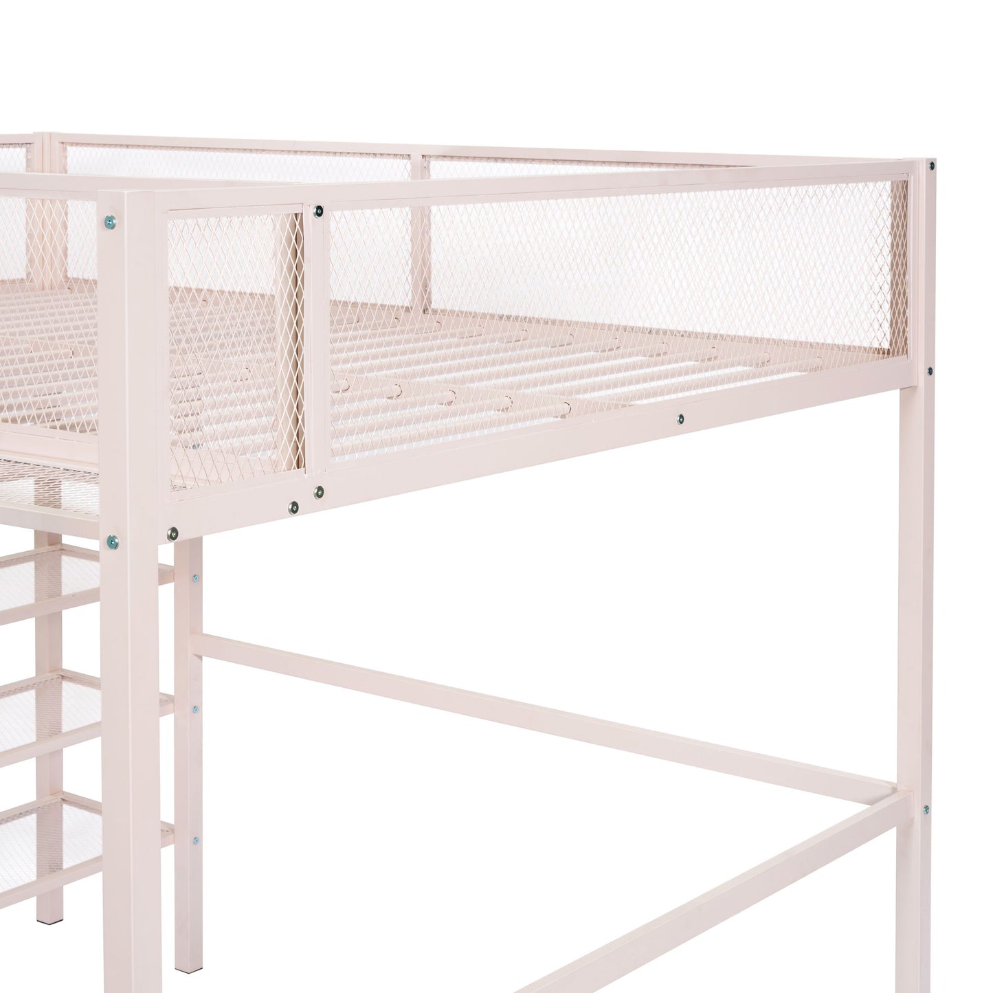 Full Size Loft Bed With 4 Tier Shelves And Storage - Pink