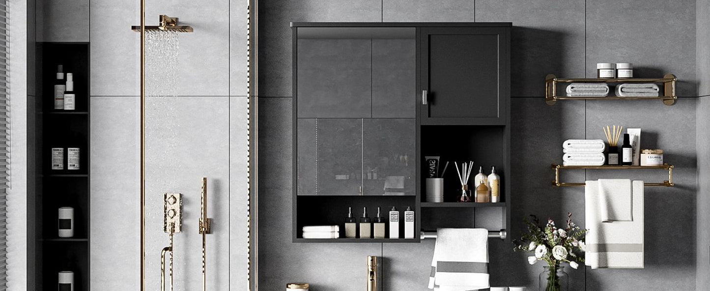 Modern Wall Mounted Bathroom Medicine Cabinet, Bathroom Wall Storage Cabinet With Mirror, Over The Toilet Space Saver Cabinet With Towels Bar - Black