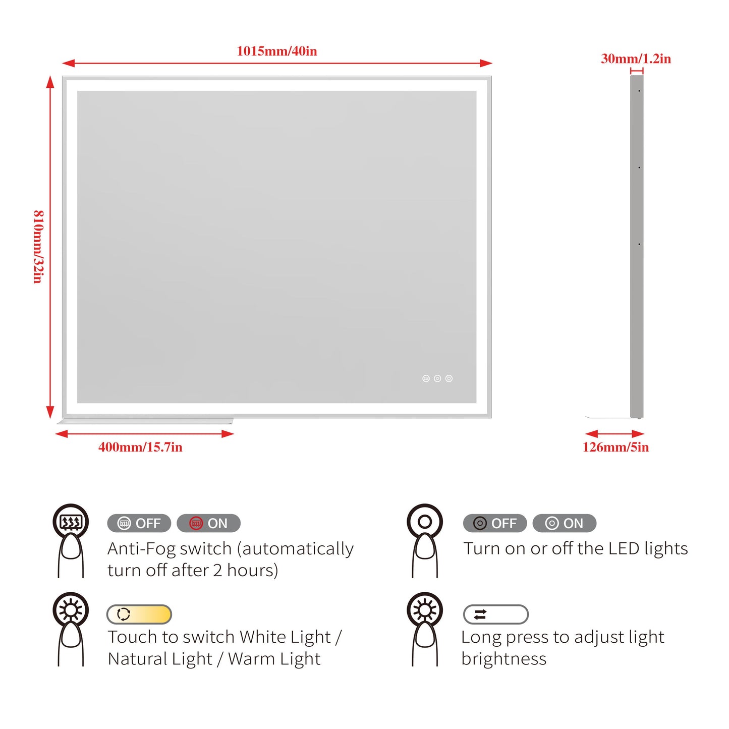 LED Bathroom Vanity Mirror, Wall Mounted Adjustable White / Warm / Natural Lights Anti-Fog Touch Switch With Memory Modern Smart Large Bathroom Mirrors - Silver