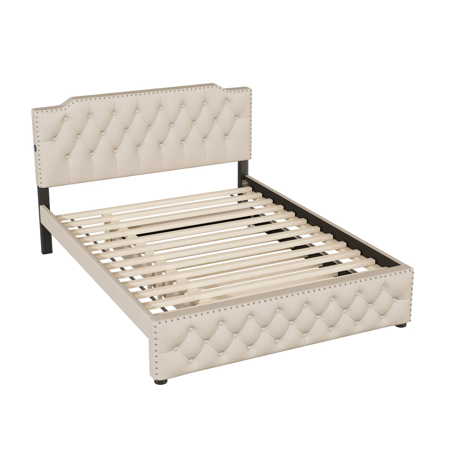 Queen Size Upholstered Platform Bed With Twin Size Trundle And 2 Sets Of USB Ports On Each Side - Beige