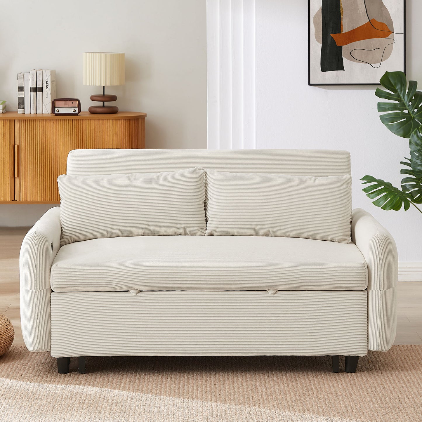 Pull Out Sofa Bed Convertible Couch 2 Seat Loveseat Sofa Modern Sleeper Sofa With 2 Throw Pillows And USB Ports For Living Room - Beige