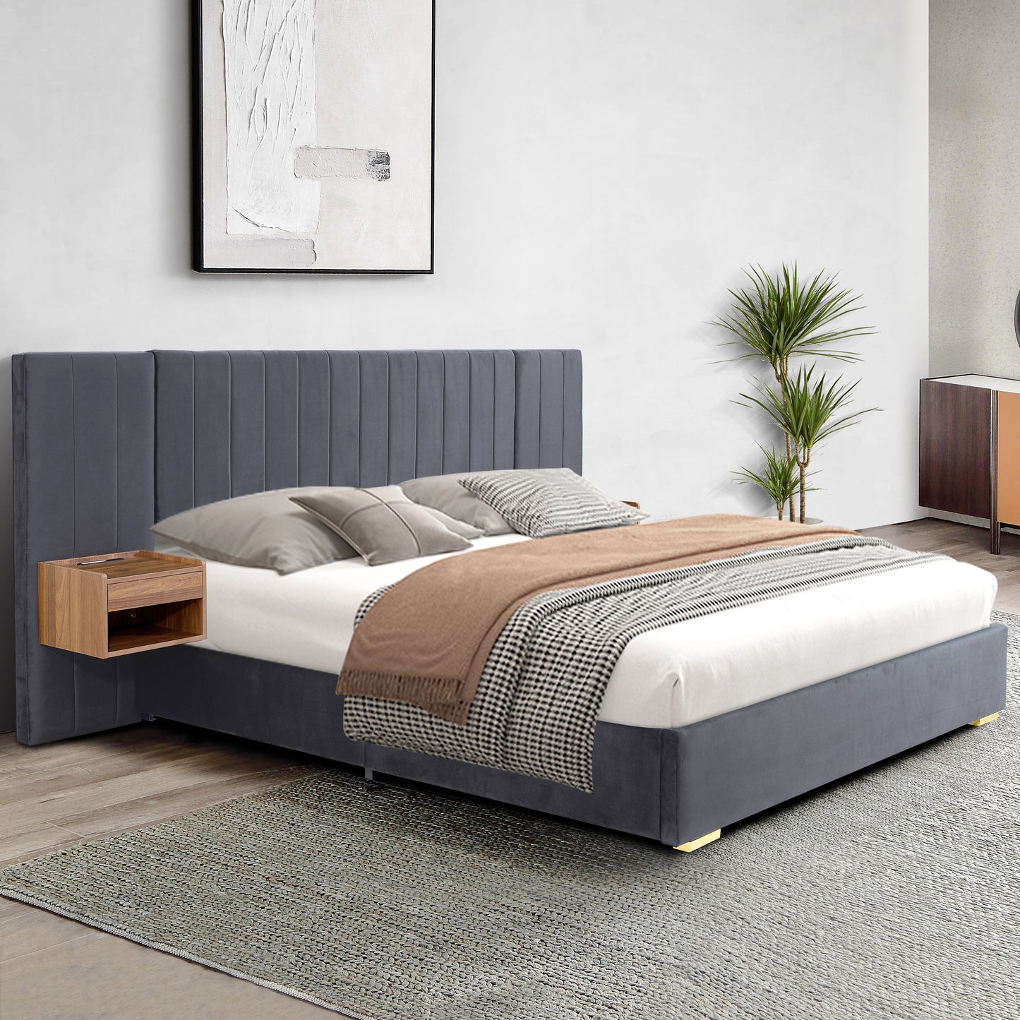 Upholstered Queen Size Bed Frame Of Velvet Tufted Headboard With Floating Nightstand LED / USB Built - Gray