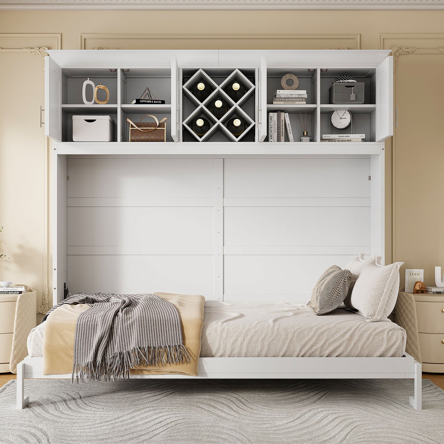 Queen Size Murphy Wall Bed With Top Cabinets & Wine Rack - White