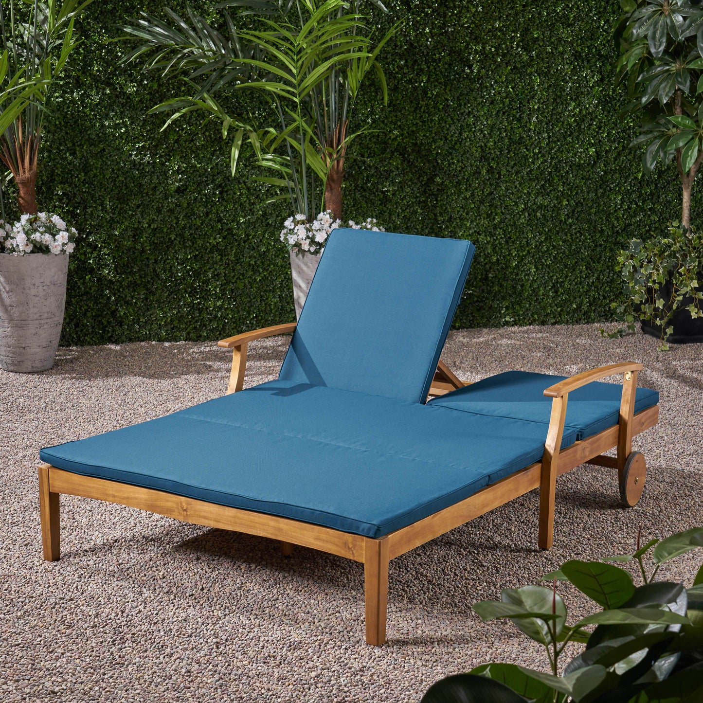 Etherealize - Outdoor Adjustable Double Chaise Lounge With Water Resistant Cushions - Teak / Blue