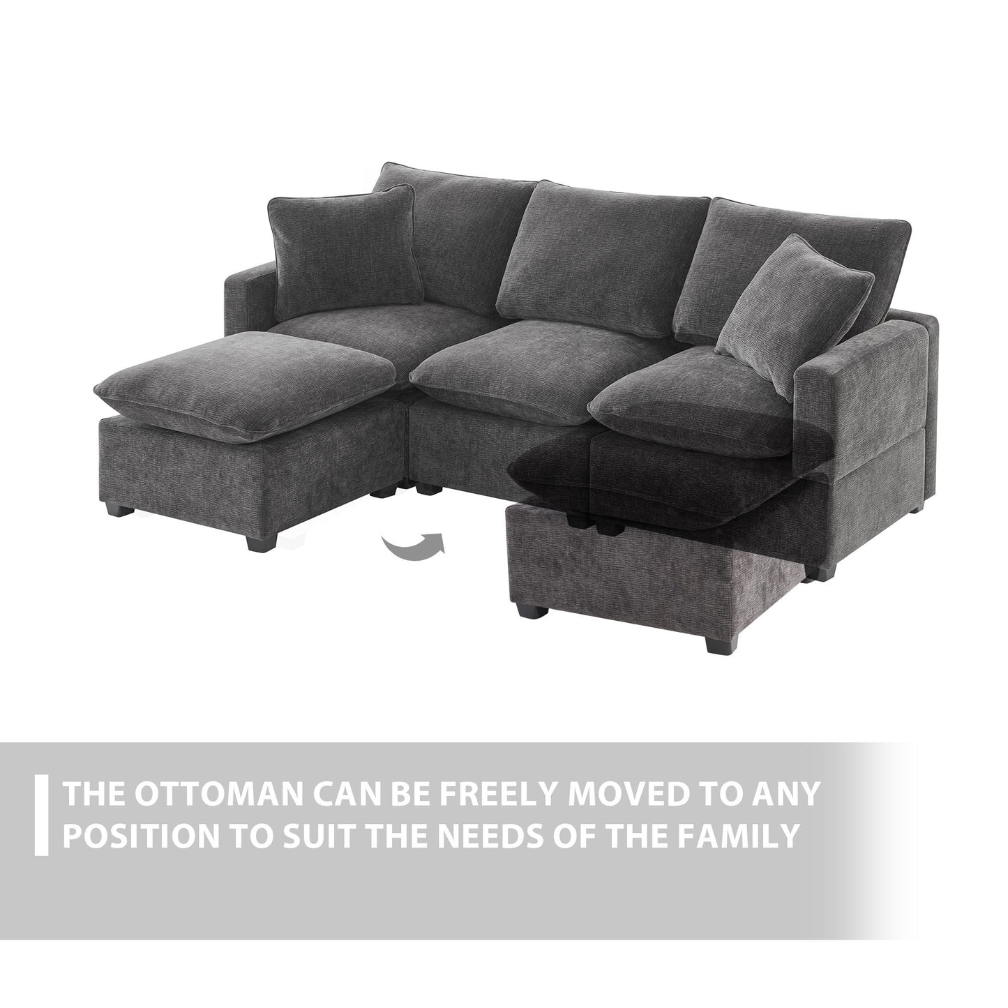 Modern, Modular Sofa, 4 Seat Chenille Sectional Couch Set With 2 Pillows Included, Freely Combinable Indoor Funiture - Black / Gray