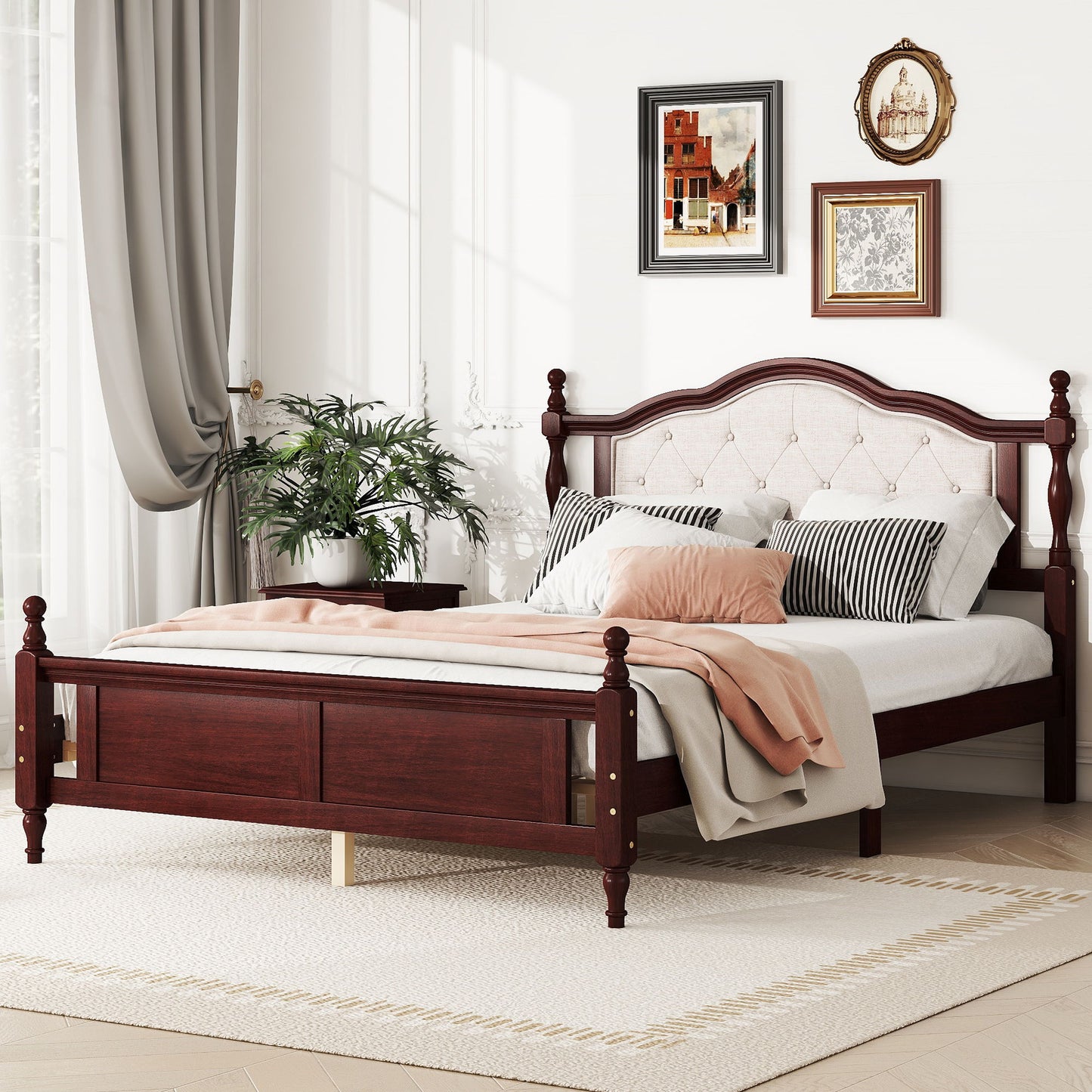 Queen Pine Wooden Bed With Upholstered Headboard And Panel Footboard, With Two Bed Rail Support Feet And Central Platform Support Feet, Classic - Cherry