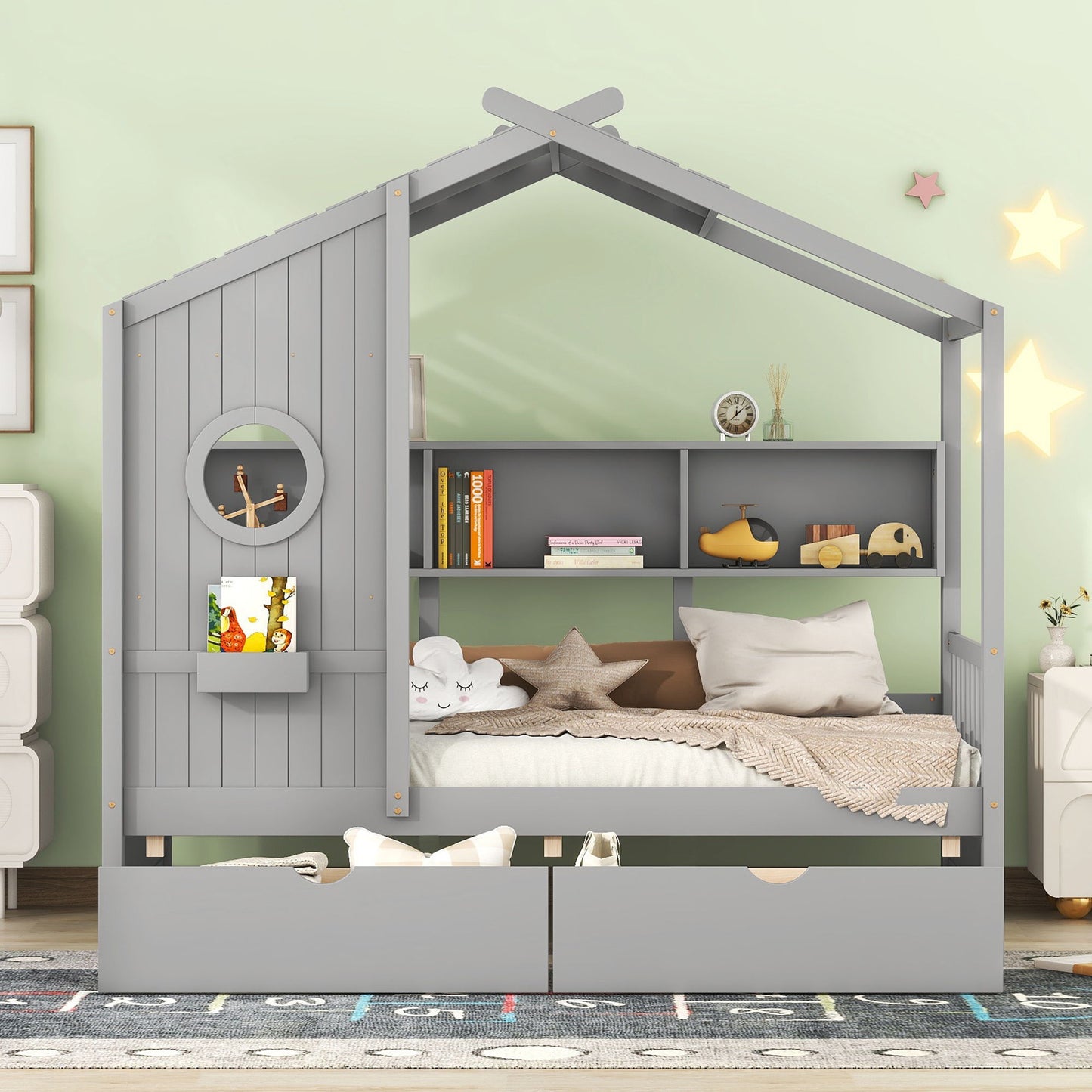 Twin Size House Bed With 2 Drawers, Kids Bed With Storage Shelf - Gray