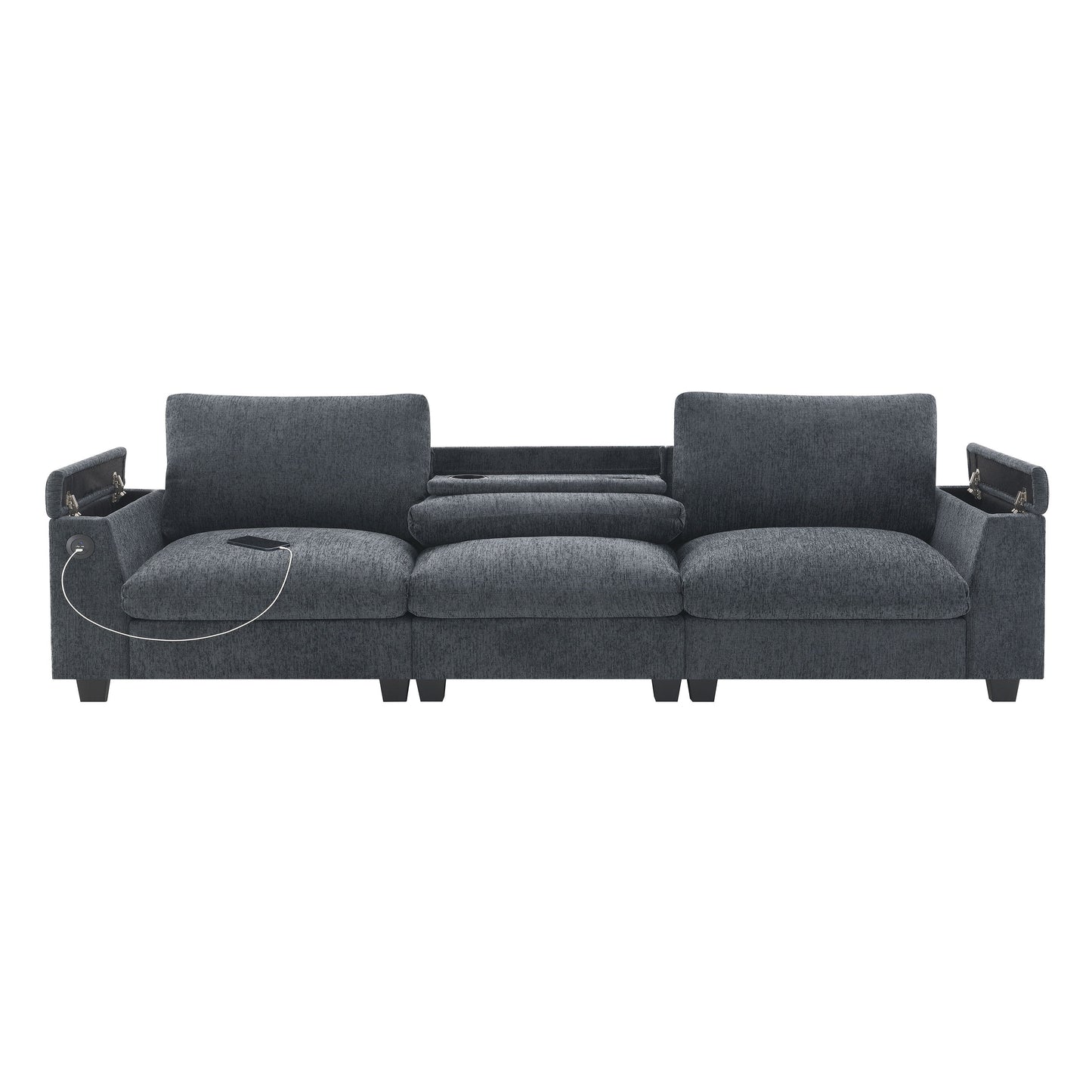 Sectional With Bluetooth Speaker Comfy Cloud Couch Set With Drop Down Table Cup Holders, USB Charger Storage Armrest Wide Seat Sofa - Dark Gray