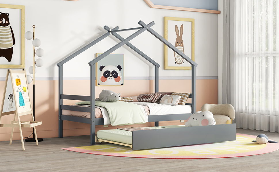 Twin Size House-Shaped Bed With Trundle - Gray