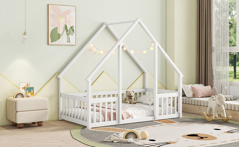 Twin Wood House-Shaped Floor Bed With Fence, Guardrails - White