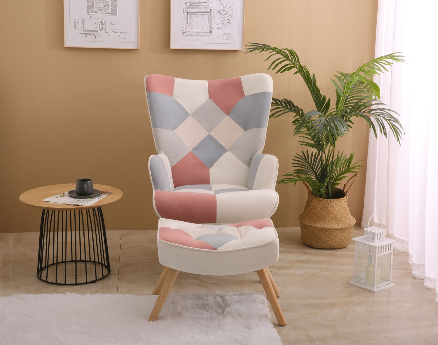 Accent Chair With Ottoman, Living Room Chair And Ottoman Set, Comfy Side Armchair For Bedroom, Creative Splicing Cloth Surface - Pink
