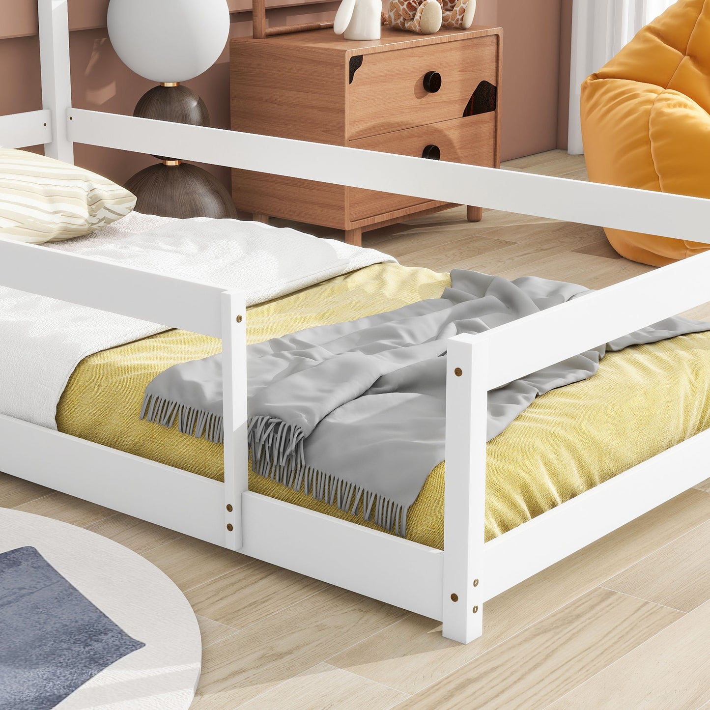 Twin Size Wood Bed With House-Shaped Headboard Floor Bed With Fences - White