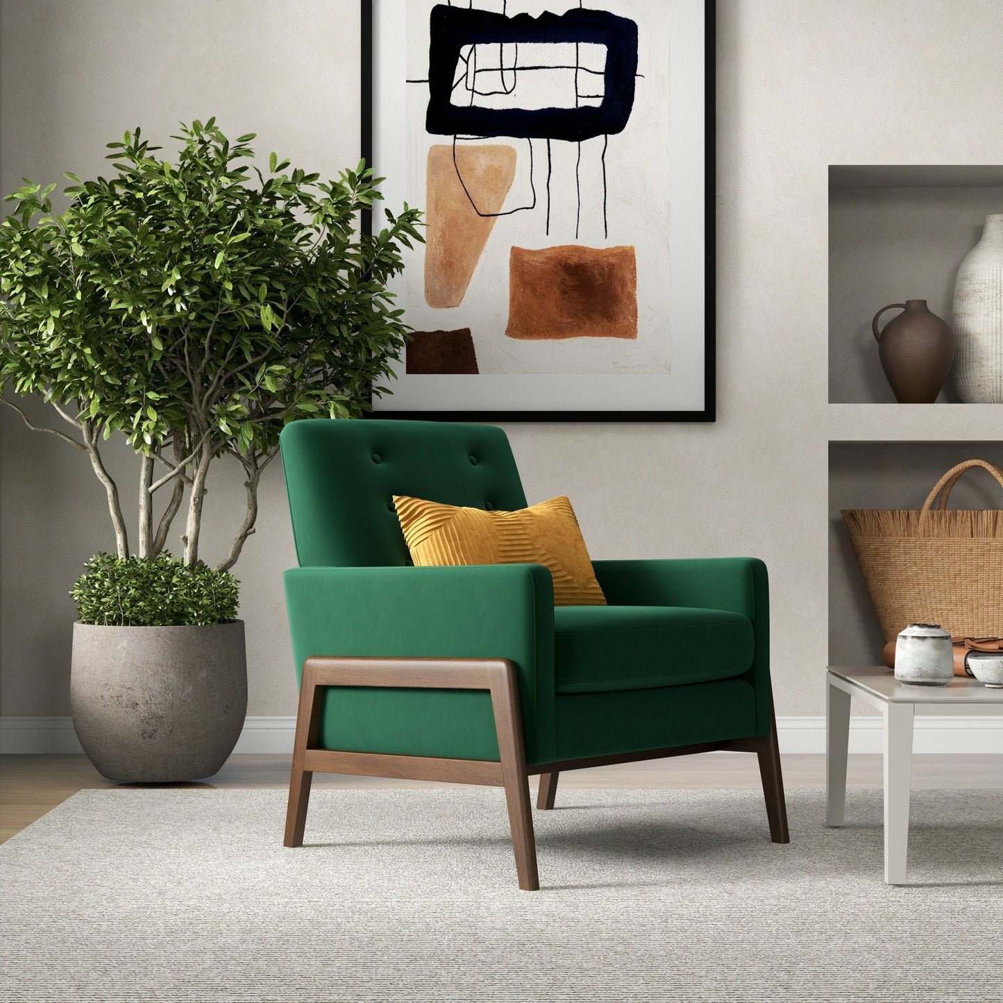 Cole - Solid Wood Lounge Chair - Green Fabric