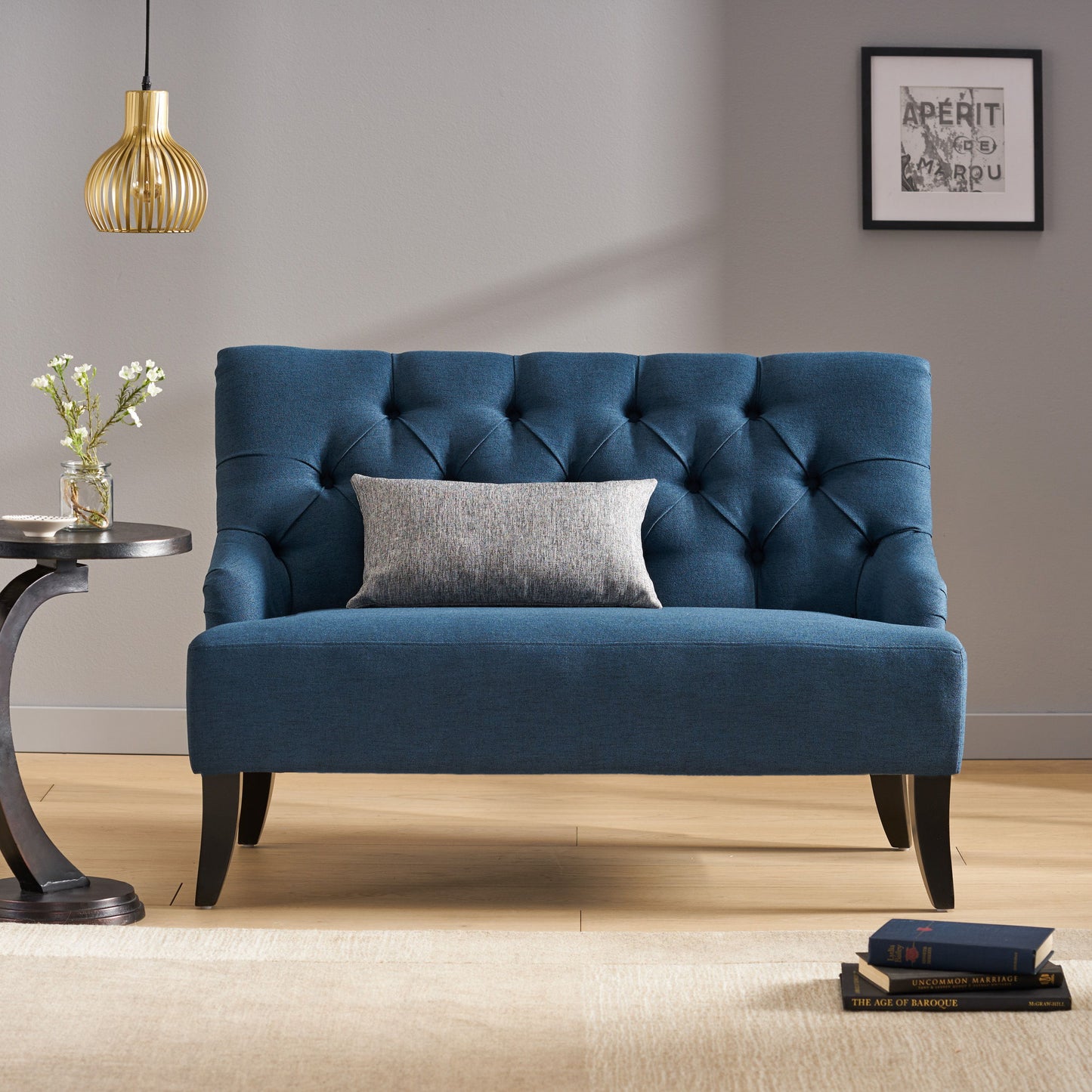 Nicole - French Style Upholstered Loveseat With Tufted Backrest - Navy Blue
