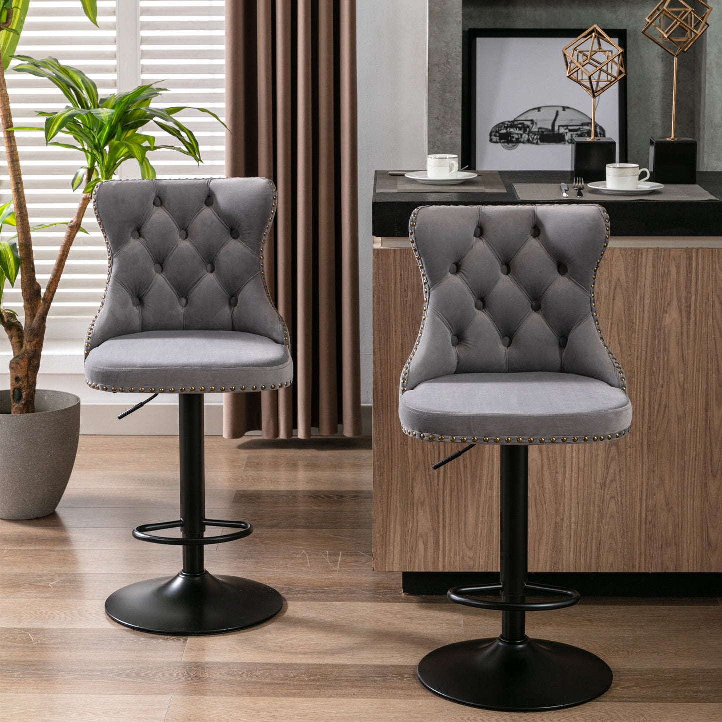 Swivel Velvet Barstools Adjusatble Seat Height , Modern Upholstered Bar Stools With Backs Comfortable Tufted For Home Pub And Kitchen Island (Set of 2) - Gray