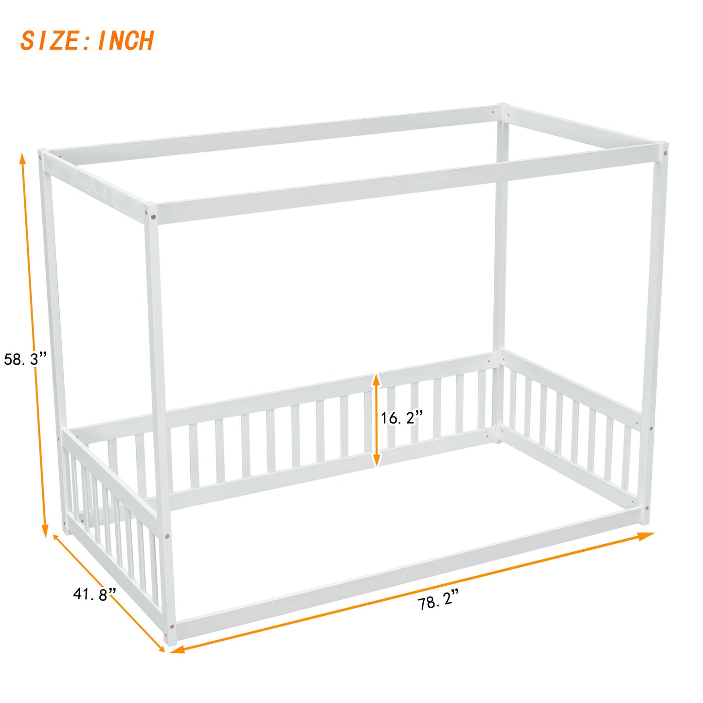 Twin Size Canopy Frame Floor Bed With Fence, Guardrails - White