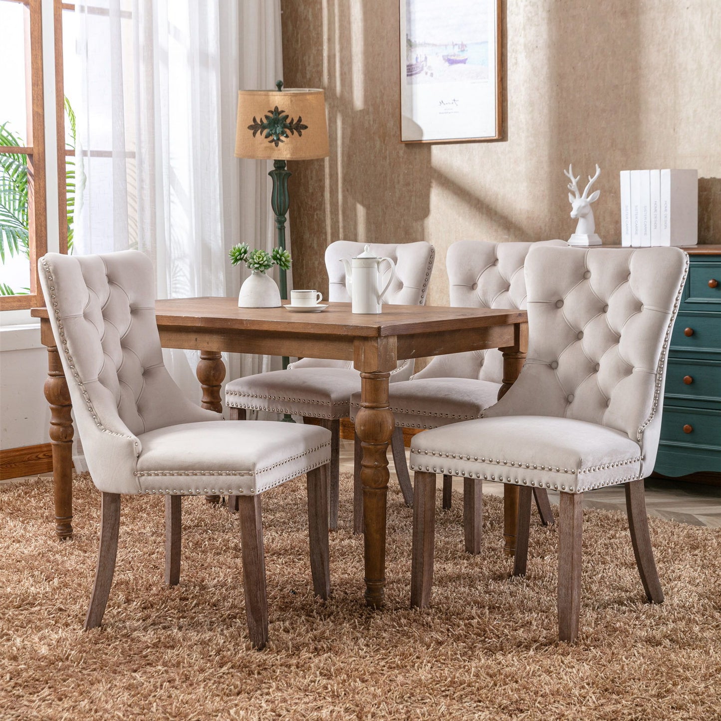 Nikki - Modern, High-End Tufted Solid Wood Contemporary Velvet Upholstered Dining Chair With Wood Legs Nailhead Trim (Set of 2) - Beige