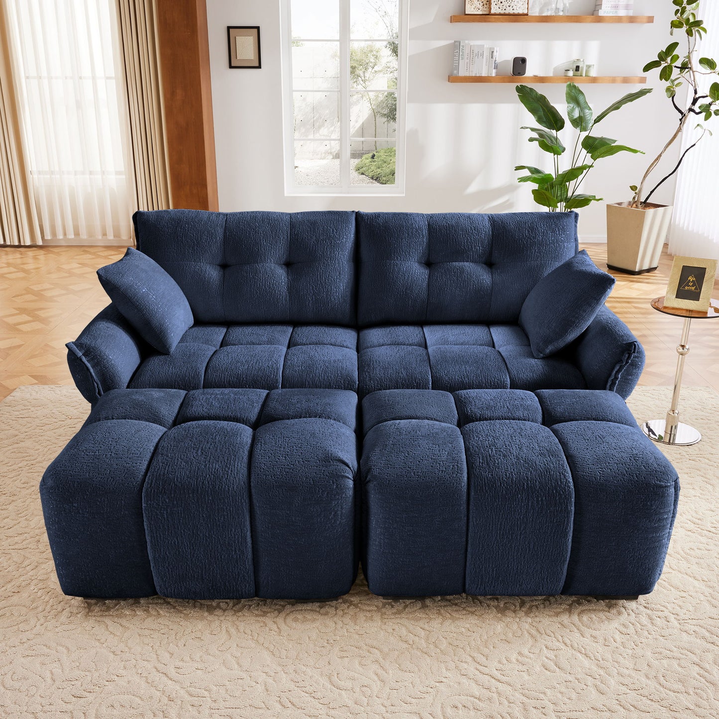 Cozy Plush 2 Seater Sofa Set With Ottomans And Throw Pillows - Blue