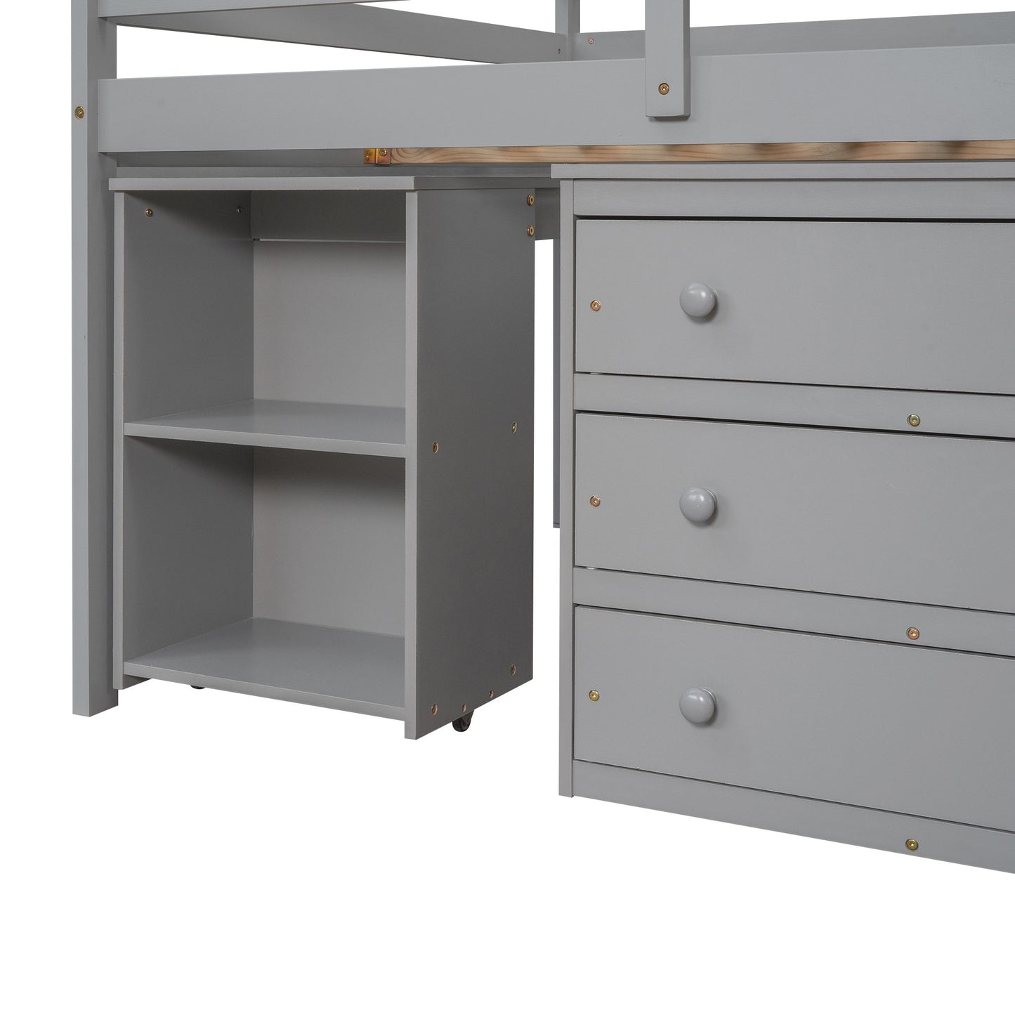 Full Loft Low Study Bed With Cabinet, Shelves And Rolling Portable Desk, Multiple Functions- Gray