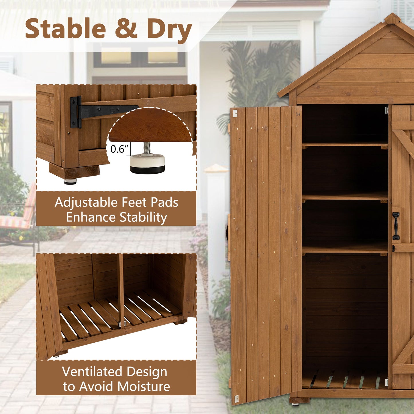 Outdoor Storage Cabinet, Garden Wood Tool Shed, Outside Wooden Shed Closet With Shelves And Latch For Yard - Light Brown