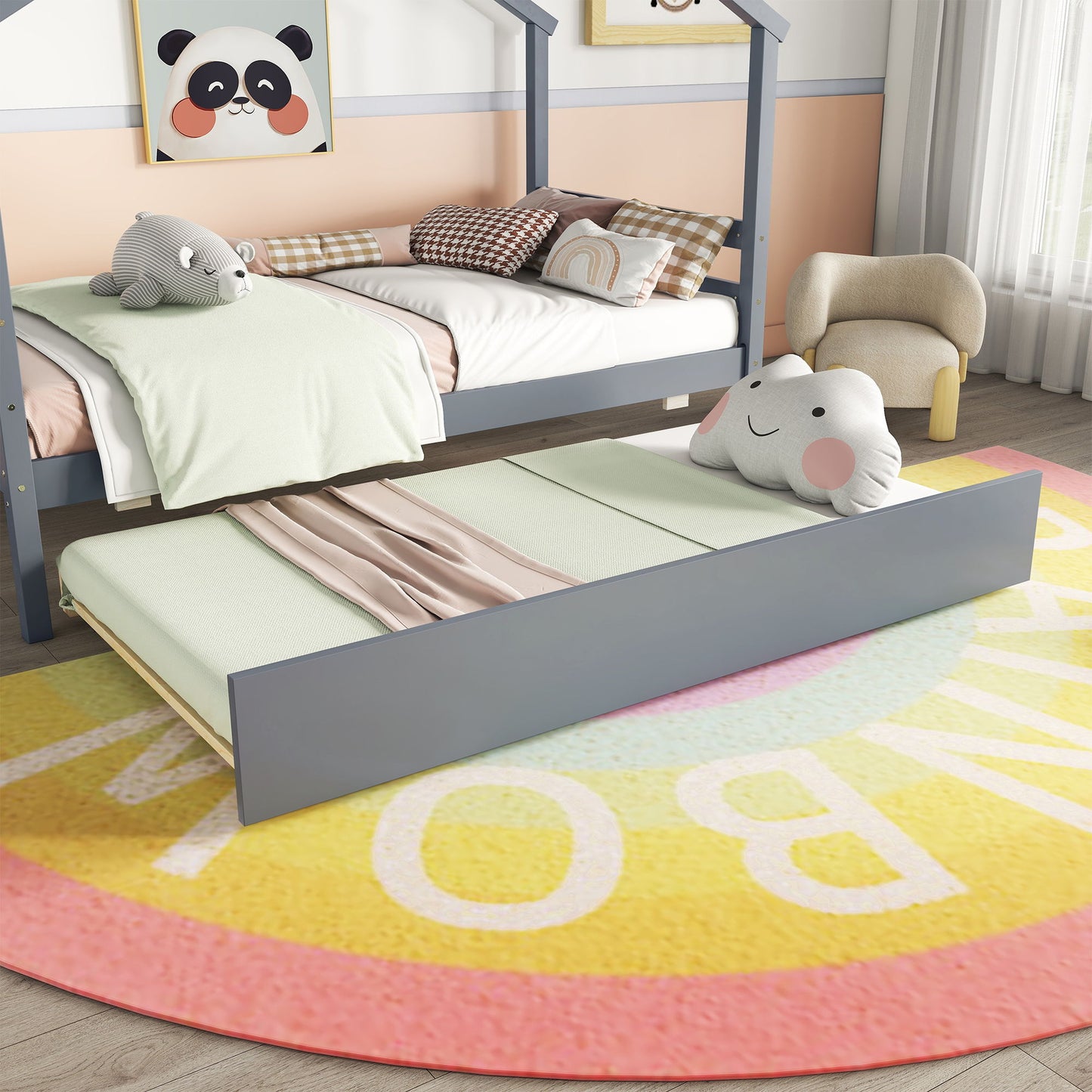 Twin Size House-Shaped Bed With Trundle - Gray