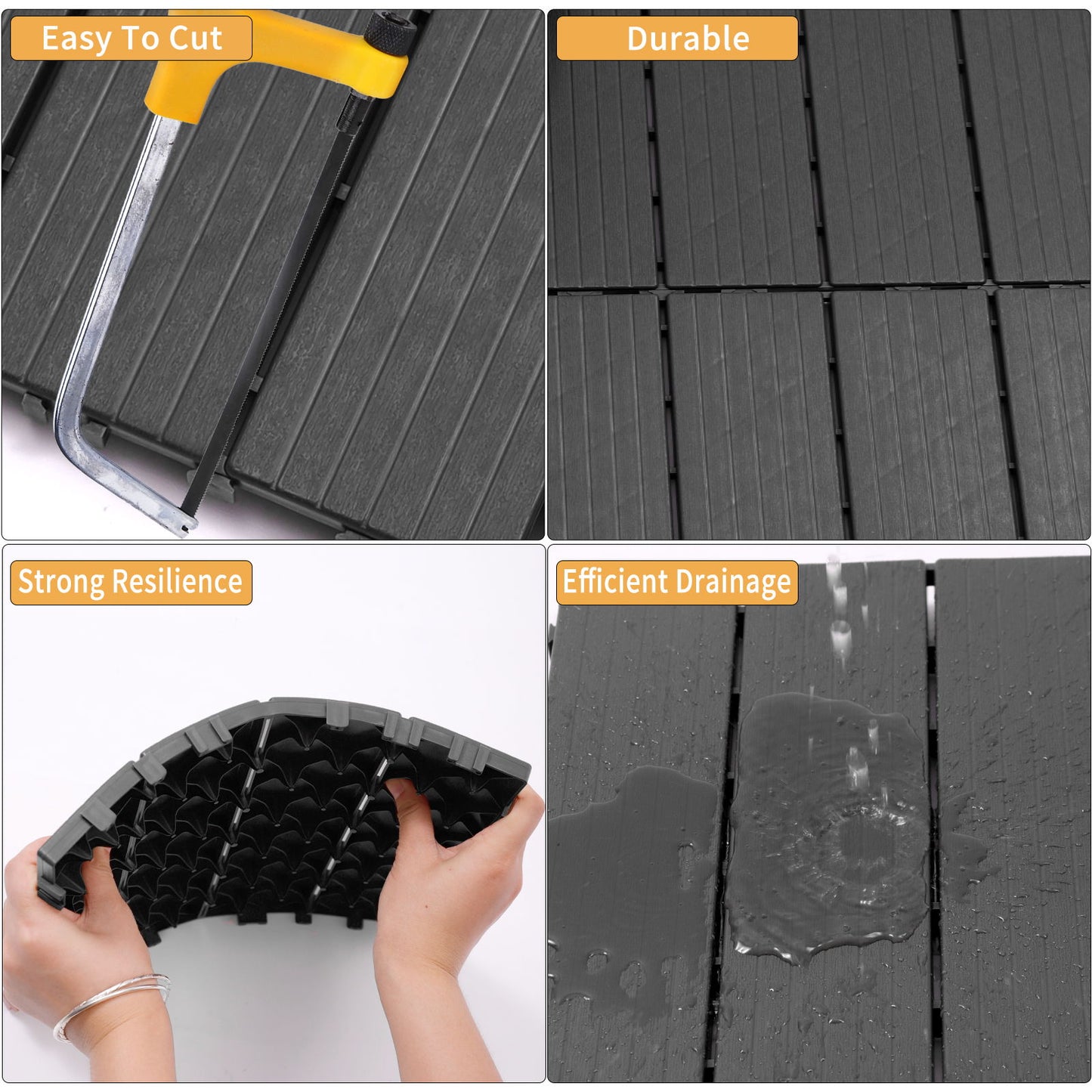 Plastic Interlocking Deck Tiles, (Set of 44), Patio Flooring Outdoor Waterproof All Weather Use For Garden Poolside Front / Back Yard - Light Gray
