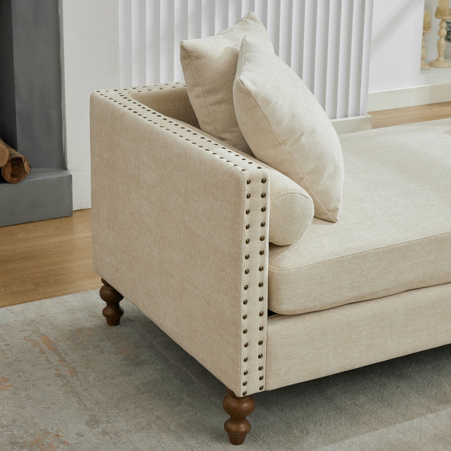Chenille Upholstered Chaise Lounge With Nailheads, Sleeper Sofa Couch With 4 Throw Pillows & 2 Bolsters, Daybed With Rubberwood Legs - Beige