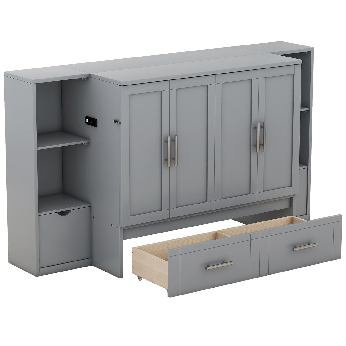 Queen Size Murphy Bed With Shelves, Drawers And USB Ports - Gray