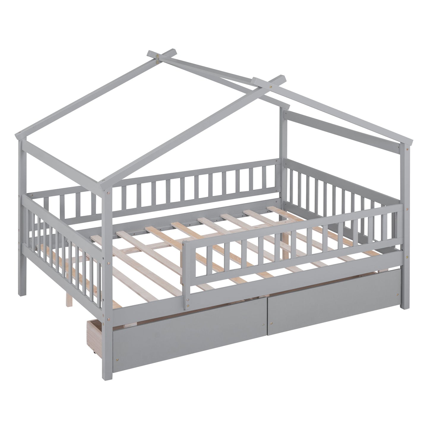 Full Size House Bed With 2 Drawers - Gray