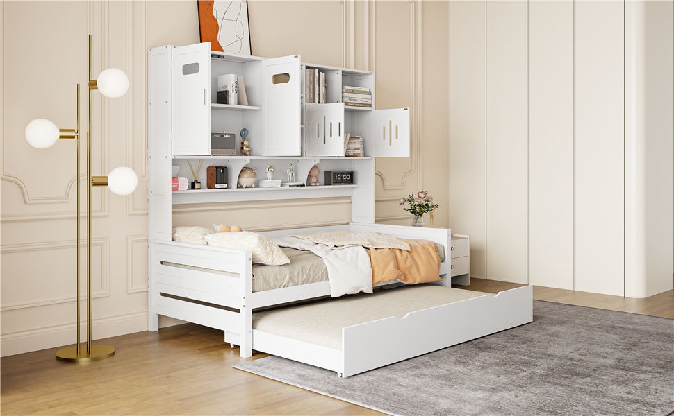 Twin Size Wooden Daybed With Twin Size Trundle, And All In One Cabinet And Shelf - White