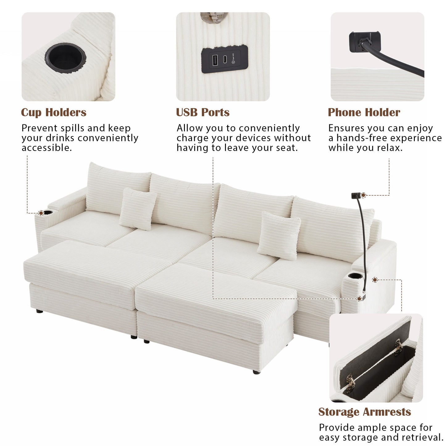 Modern Style 4 Seater Sofa Sectional Sofa Couch With Storage Space, Two Movable Ottomans, Two USB Ports, Two Cup Holders, A Phone Holder For Living Room - Beige
