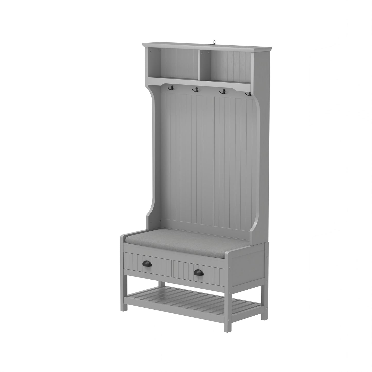 Modern 3 In 1 Hallway Hall Tree With Storage Drawers, Coat Rack, Shoe Rack Bench, And Cushion - Gray